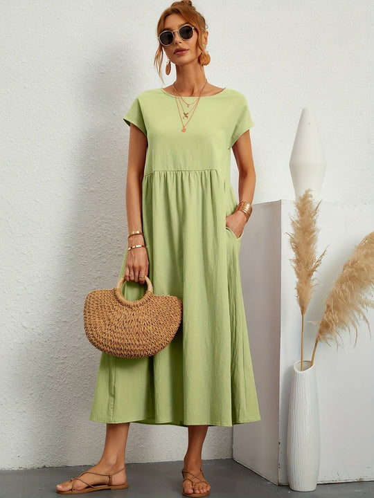 Zara - Luchtige Linnen Midi Jurk Korte Mouw Dames