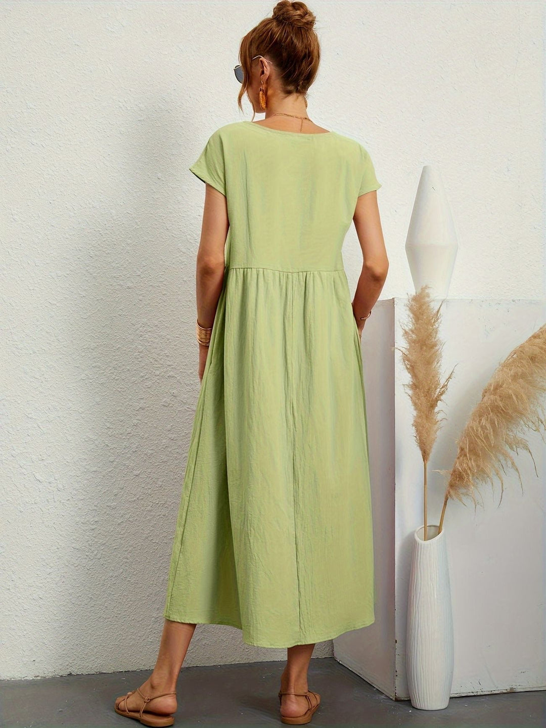 Zara - Luchtige Linnen Midi Jurk Korte Mouw Dames