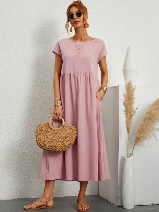 Zara - Luchtige Linnen Midi Jurk Korte Mouw Dames