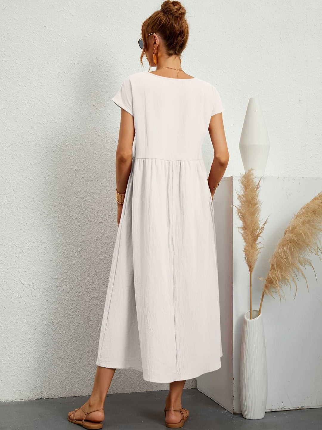 Zara - Luchtige Linnen Midi Jurk Korte Mouw Dames