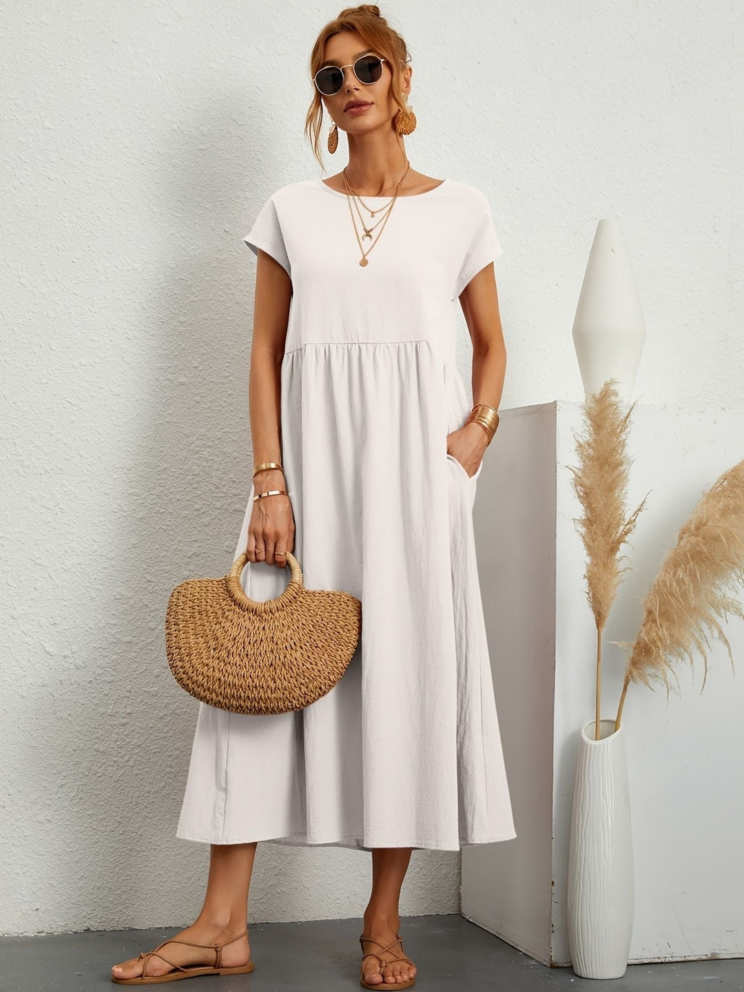 Zara - Luchtige Linnen Midi Jurk Korte Mouw Dames