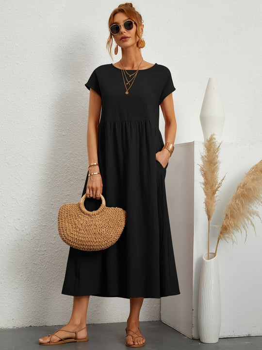 Zara - Luchtige Linnen Midi Jurk Korte Mouw Dames