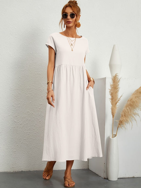 Zara - Luchtige Linnen Midi Jurk Korte Mouw Dames
