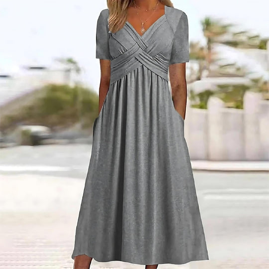 Laura - Effen Midi Jurk met V-hals Dames