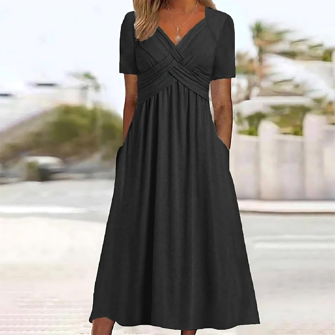 Laura - Effen Midi Jurk met V-hals Dames