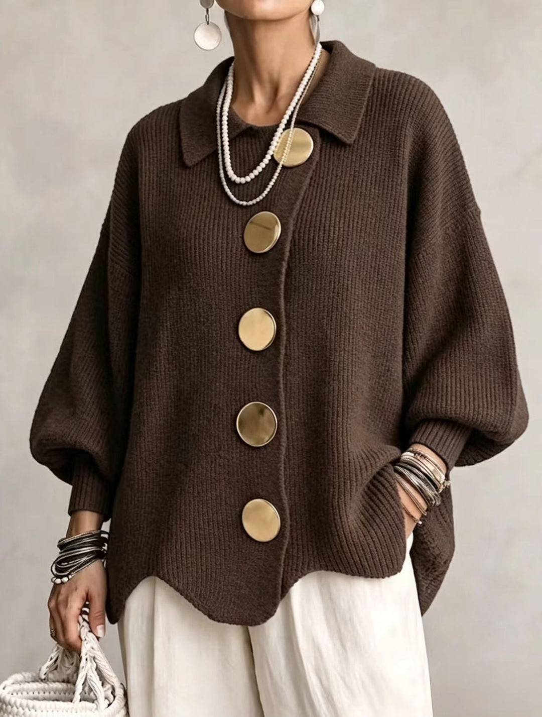 Sharon - Elegant Oversized Gouden Knopen Vest