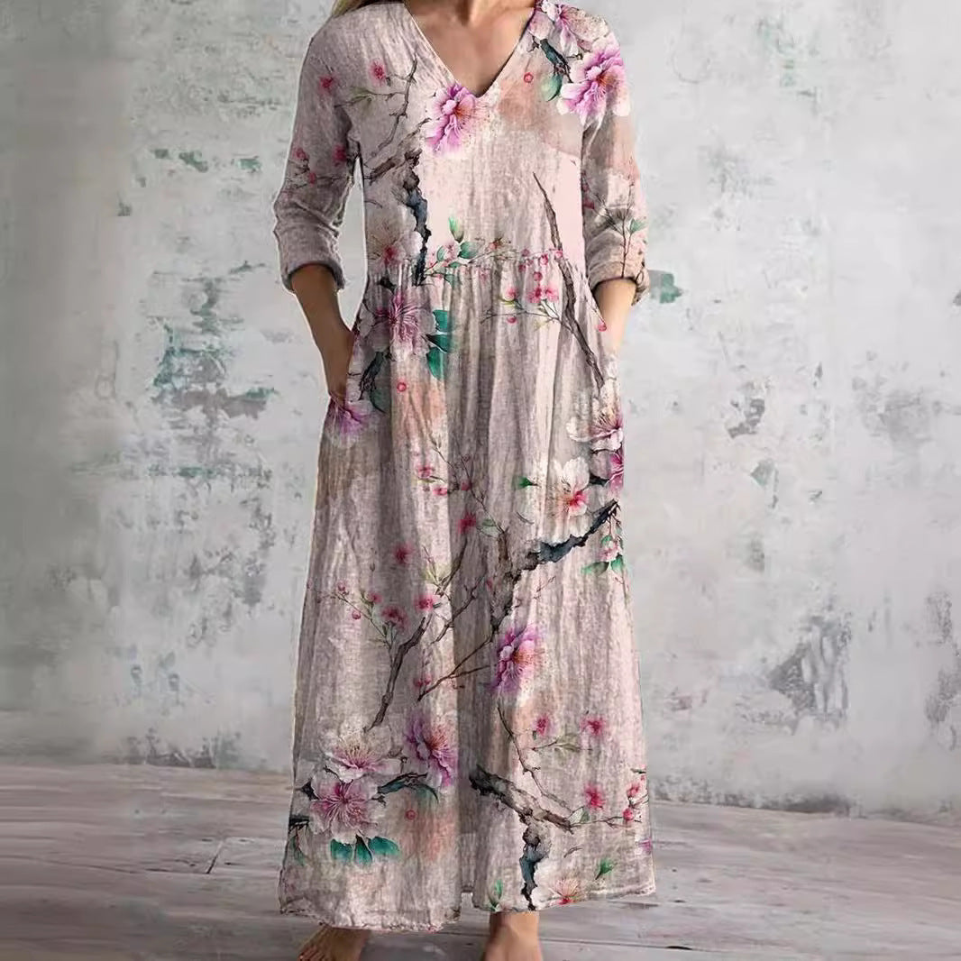 Romy | Linnen Maxi Jurk Dames Met Bloemenprint
