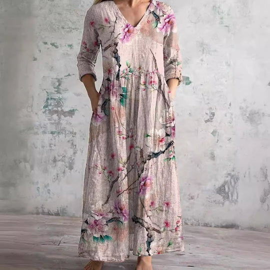 Romy | Linnen Maxi Jurk Dames Met Bloemenprint