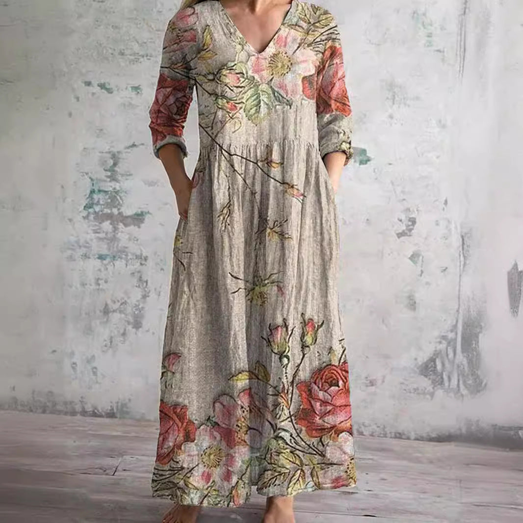 Romy | Linnen Maxi Jurk Dames Met Bloemenprint