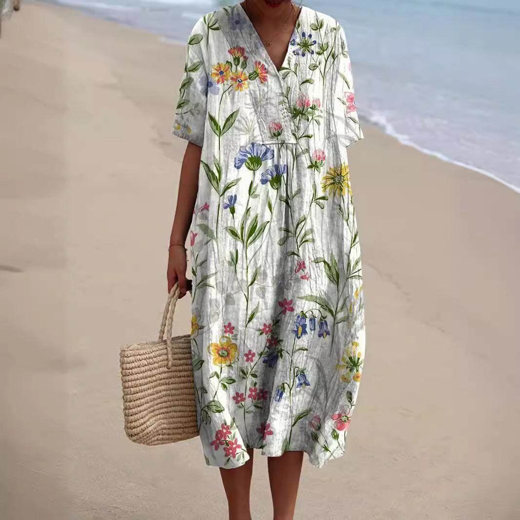 Lily - Stijlvolle Linnen Zomerjurk met Bloemenprint Dames