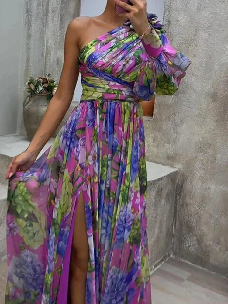 Zara - Elegante One Shoulder Maxi Jurk met Bloemenprint