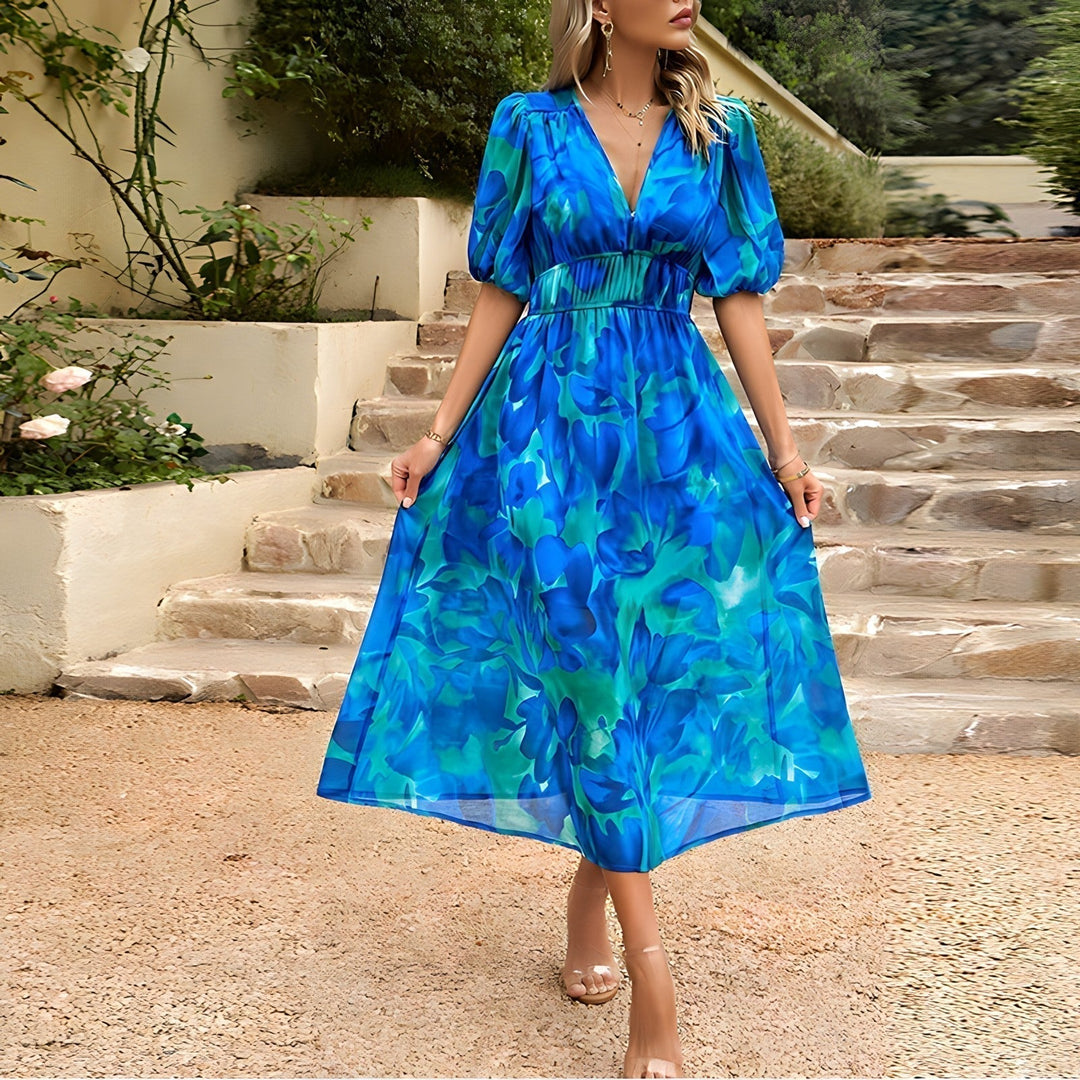 Brenda - Elegante Bloemen Midi Jurk met V-hals