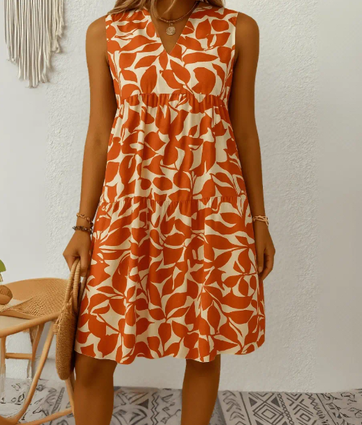 Bianca - Mouwloze Jurk met Bladprint