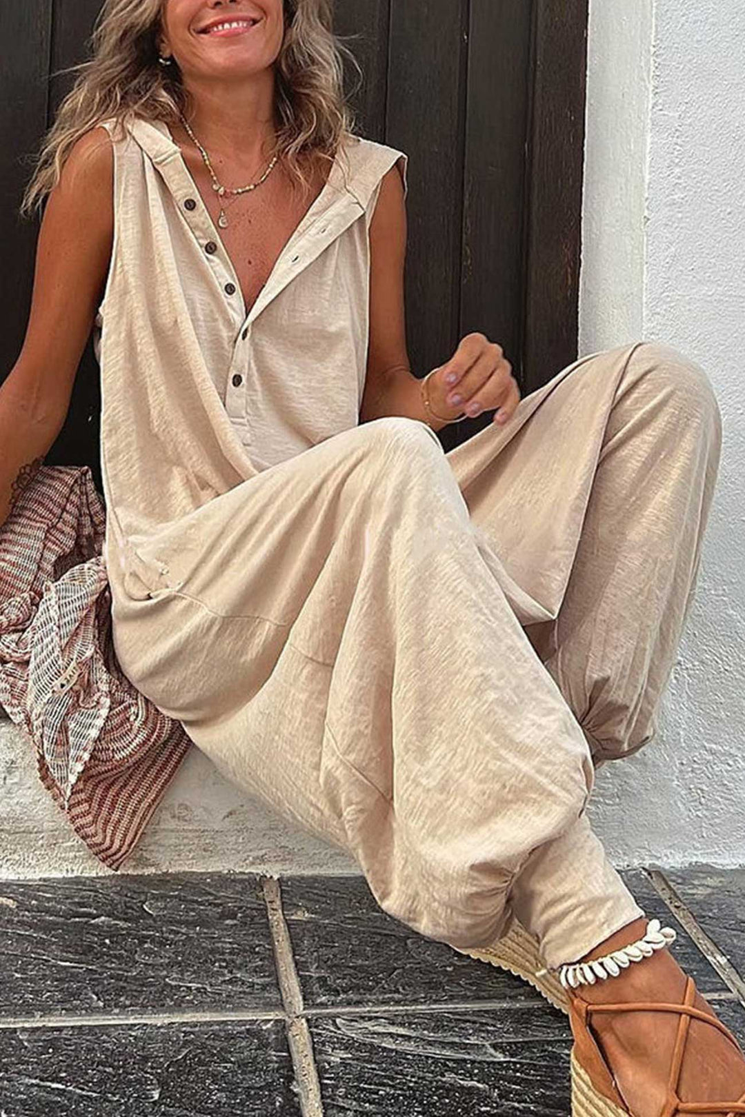 Luna - Effen Mouwloze Jumpsuit met Capuchon en Relaxte Pasvorm