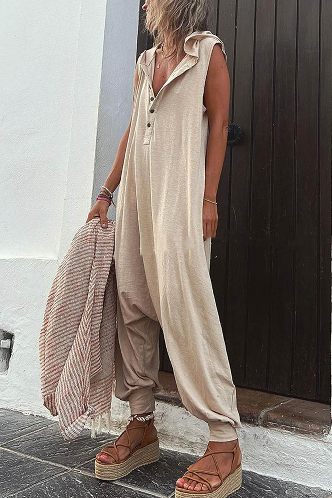 Luna - Effen Mouwloze Jumpsuit met Capuchon en Relaxte Pasvorm