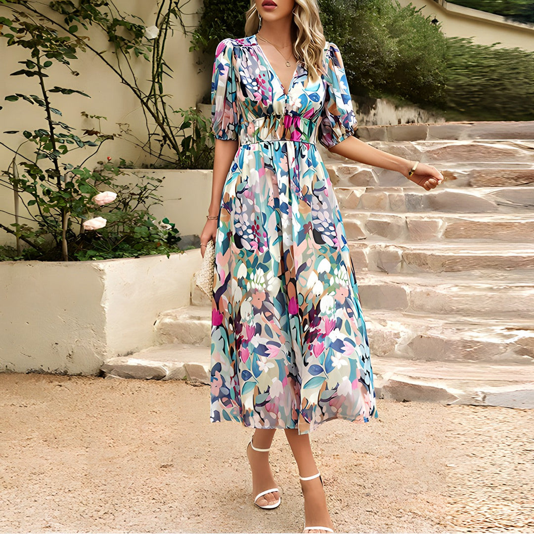 Brenda - Elegante Bloemen Midi Jurk met V-hals