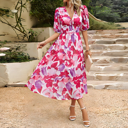 Brenda - Elegante Bloemen Midi Jurk met V-hals
