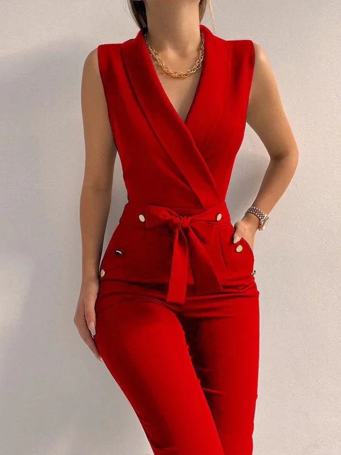 Mouwloze Jumpsuit in Effen Kleur Met V-hals en Vetersluiting