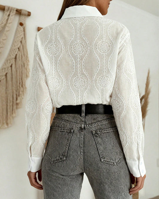 Witte Broderie Blouse Dames Lange Mouw - Linde