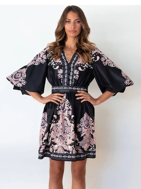 Alina - Vintage Mini Jurk - Diepe V-Hals en Lantaarnmouwen - Dames-1