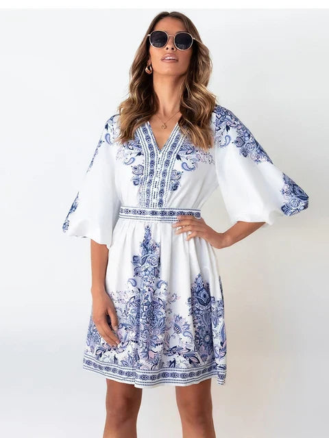Alina - Vintage Mini Jurk - Diepe V-Hals en Lantaarnmouwen - Dames-2
