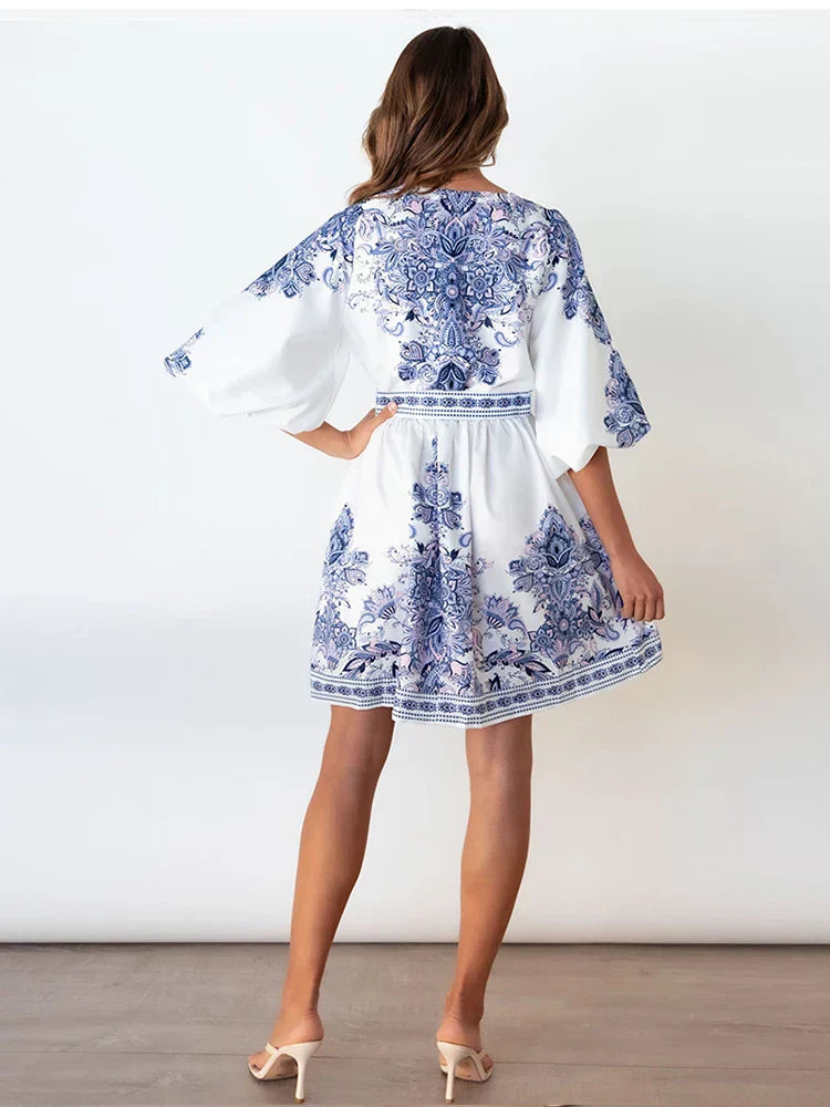 Alina - Vintage Mini Jurk - Diepe V-Hals en Lantaarnmouwen - Dames-3