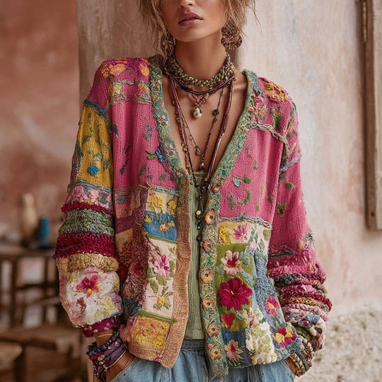 Laura - Stijlvol Gebloemd Patchwork Vest