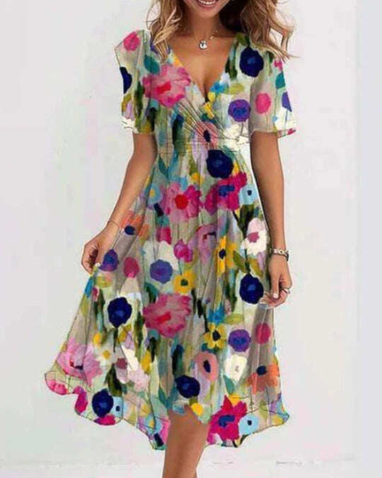 Midi Jurk Dames Met Bloemenprint En V-hals - Sophie