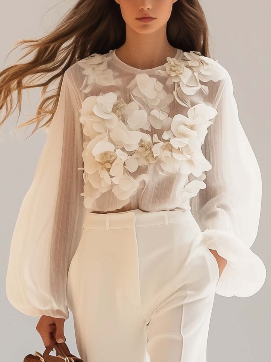 Sofia - Elegante Chiffon Blouse 3D Bloemen Dames