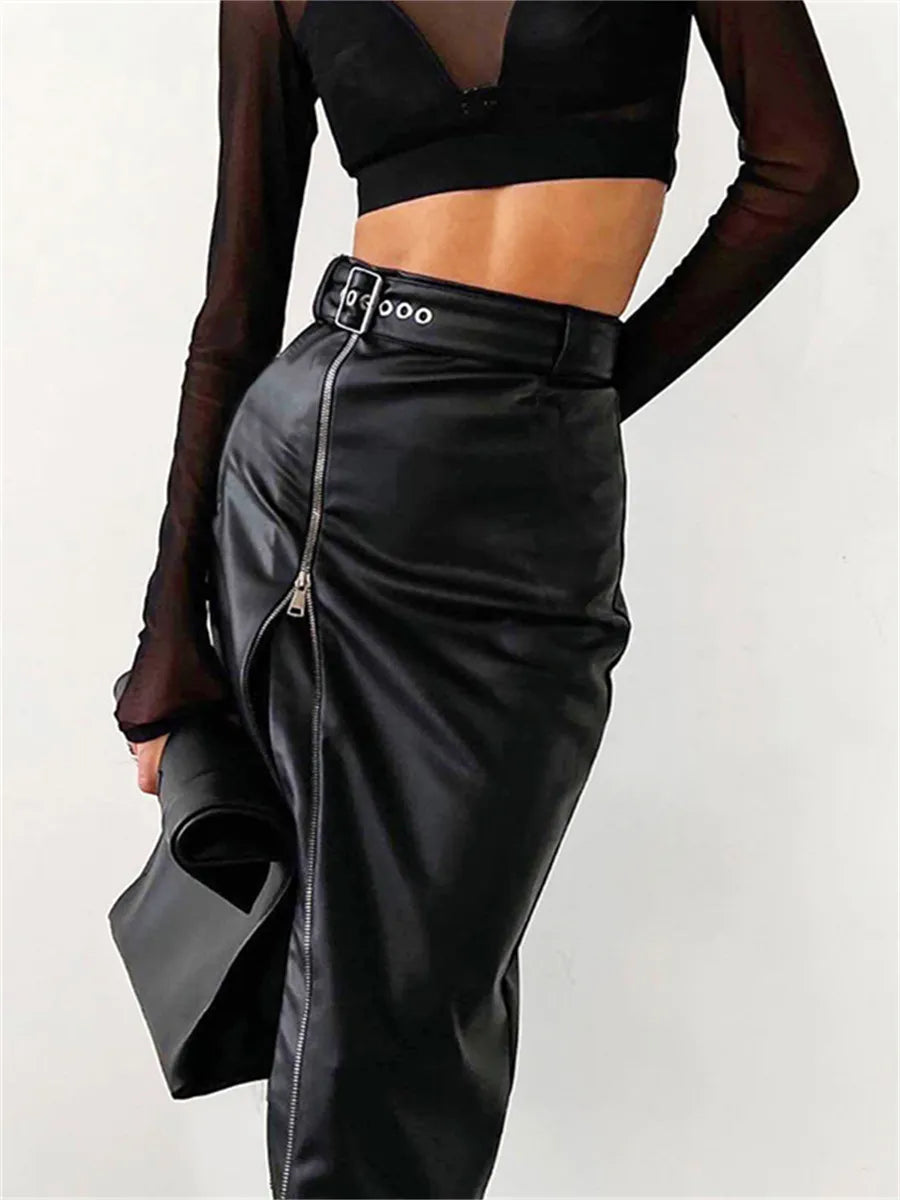 Elegante Leren Kokerrok Met Hoge Taille En Ritssluiting