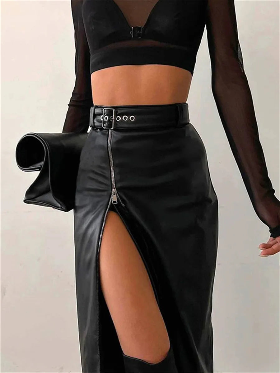 Elegante Leren Kokerrok Met Hoge Taille En Ritssluiting