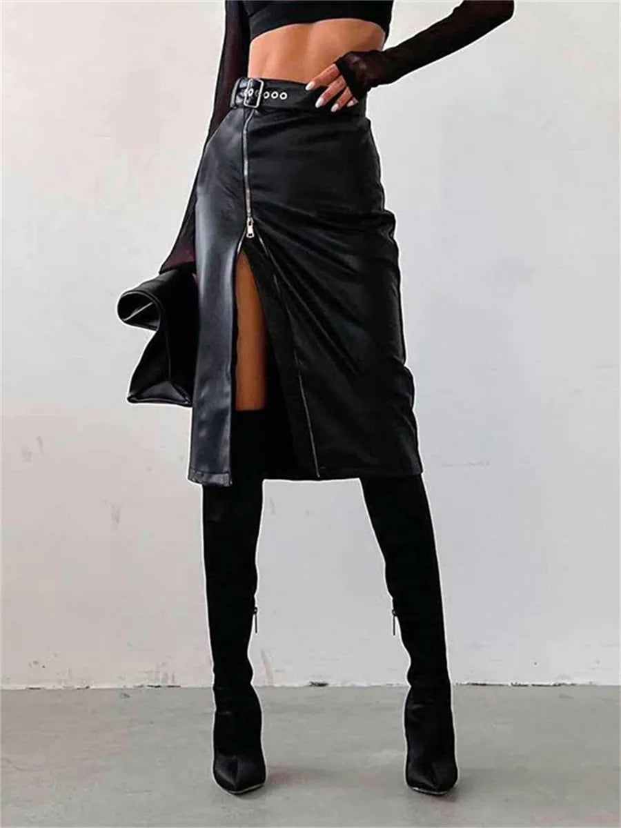 Elegante Leren Kokerrok Met Hoge Taille En Ritssluiting
