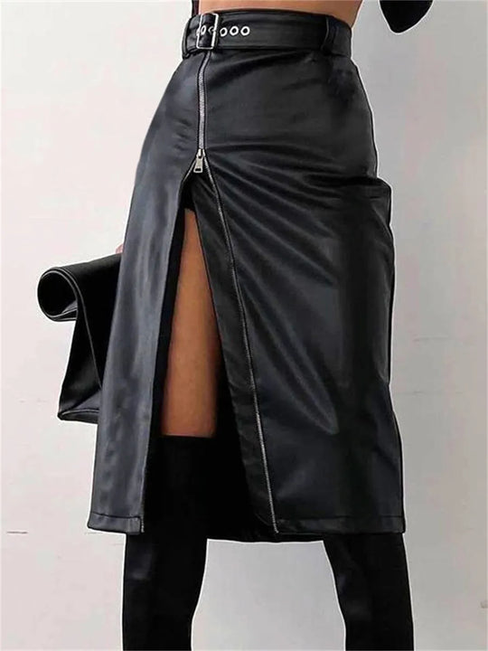 Elegante Leren Kokerrok Met Hoge Taille En Ritssluiting