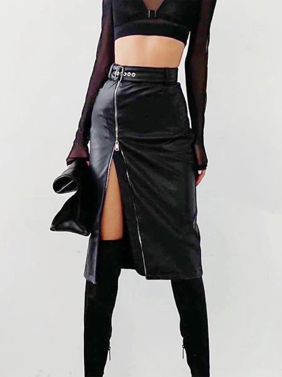 Elegante Leren Kokerrok Met Hoge Taille En Ritssluiting