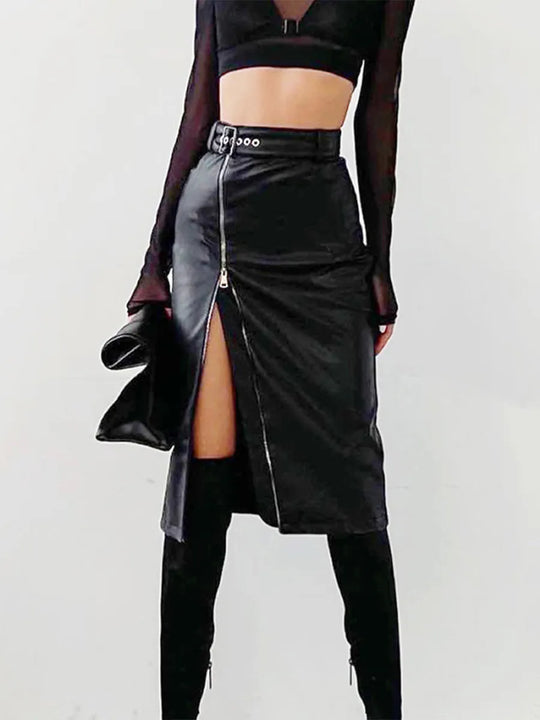 Elegante Leren Kokerrok Met Hoge Taille En Ritssluiting